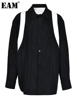 [EAM] Женская Черная Блузка Большого Размера с цветным блоком, Новая Рубашка Свободного кроя С Отворотом И Длинным Рукавом, Модный Прилив, Весна-Осень 2023 CPG0293