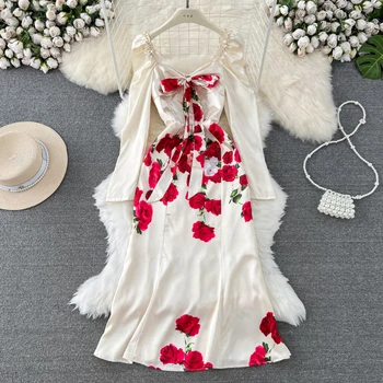 Женское винтажное платье с цветочным принтом во французском стиле, квадратный воротник, бант, пышные рукава, Элегантные длинные платья, банкетное платье для дам