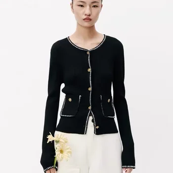 Новый черный кардиган с круглым вырезом для женщин с длинными рукавами приталенная зимняя теплая одежда бесплатная доставка модные женские свитера 2023