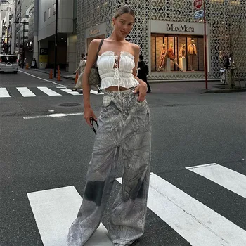 Брюки с 3D-принтом в виде кристаллов, карман на пуговицах, молния, Широкие брюки с высокой талией, Уличная одежда Y2K, осенне-зимняя женская повседневная одежда для отдыха.