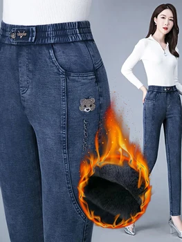 Джинсовые брюки-стрейч с высокой талией размера оверсайз 5xl, зимние плюс бархатные джинсы-карандаш с теплой подкладкой, повседневная уличная одежда, женские брюки
