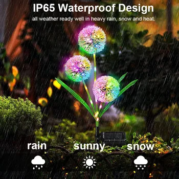 Солнечный светильник с 3 головками в виде цветка одуванчика, уличный садовый декор IP65, водонепроницаемый для двора, газона, дорожки и свадьбы