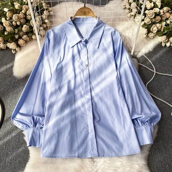 SuperAen 2023 Весна и осень, Корейская винтажная повседневная рубашка с длинным рукавом-фонариком, свободная однобортная однотонная женская рубашка