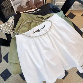 WDMSNA Хлопковые шорты с вышивкой и буквами для женщин, Корейская двухслойная свободная юбка-трапеция с широкими штанинами, Короткая юбка-брюки для женщин