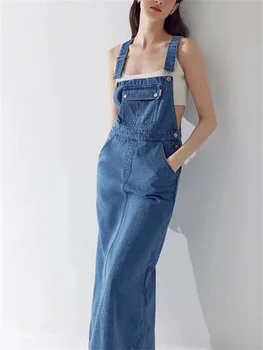 Женское платье с прямым джинсовым ремешком с разрезом сзади, женская винтажная джинсовая длинная одежда с высокой талией, универсальная новинка лета 2023 г.
