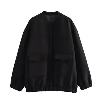 Черная куртка с большими карманами, женские шикарные модные куртки-бомберы оверсайз, пальто для Хай-стрит, Верхняя женская одежда, Новинка 2023 года