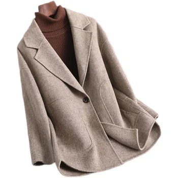 Женский зимний костюм из смесовой шерсти Horringbone, пальто, женская двусторонняя теплая куртка из твида, женская парка JT3283