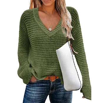 Женский свитер 2023, Весна и осень, Новый однотонный свитер с V-образным вырезом, повседневный Свободный свитер большого размера