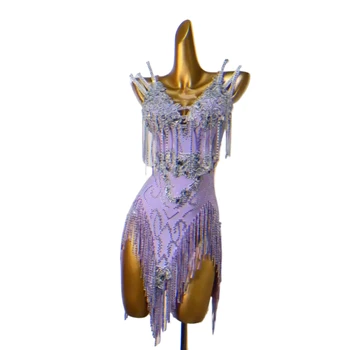 Конкурс латиноамериканских танцев, женская высококачественная фиолетовая цепочка с бриллиантами, платье для выступлений румбы Ча танго для детей