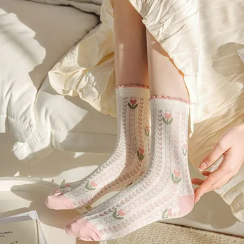 Носки Женские весенне-осенние тонкие носки средней длины с мелкой фрагментированной сеткой, дышащие Летние носки для японских милых девочек