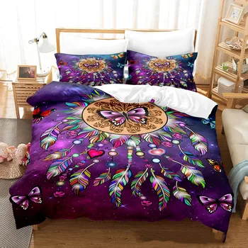 Комплект постельного белья Dreamcatcher с роскошным принтом King Size в богемном стиле, фиолетово-розовое одеяло из перьев бабочки, комплект постельного белья Mandala