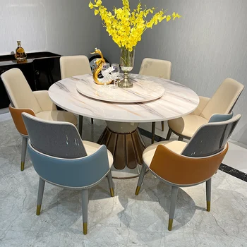Итальянская легкая роскошная круглая комбинация обеденного стола и стула, скандинавский минималистичный дизайн, новая комбинация ресторанной мебели
