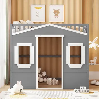 Кровать-чердак в натуральную величину для дома с лестницей-серый + белый каркас для мебели для спальни в помещении