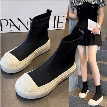 2023, Зимние женские эластичные ботинки на среднем каблуке, вязаная обувь на платформе, новая плетеная повседневная готическая мода, женские толстые ботинки Челси