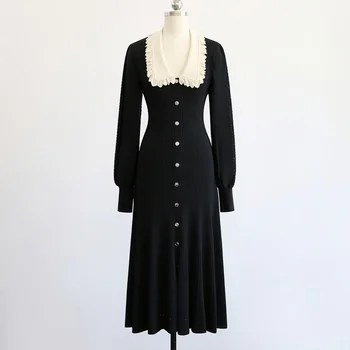 Осенью 2023 года Новое элегантное платье из французского контрастного кружева с длинным рукавом Ice Silk, вязаное платье черного цвета