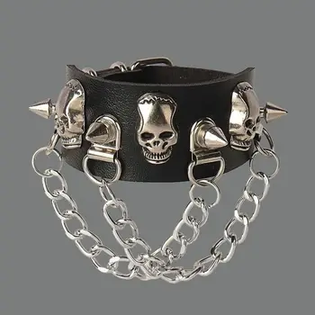 Черный браслет-цепочка с черепом в стиле панк, заклепки и кисточки, Готическая пара, Кожаный браслет для женщин, Мужские уличные украшения в стиле хип-хоп