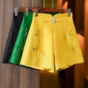 Летние женские шорты в стиле лолиты, милые новые шорты с высокой талией, тонкие, с вышивкой бисером, универсальные, повседневные, широкие, корейская мода, желтый