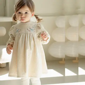 2023 Осеннее Вельветовое платье для маленьких девочек Детский Бутик Кружевные платья с цветочной вышивкой Детская Одежда для принцессы на День рождения Наряды