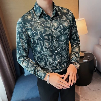 Высококачественная мужская рубашка с цветочным рисунком 2023, приталенные повседневные рубашки с длинным рукавом, модные деловые рубашки для светской жизни, мужская одежда 4XL