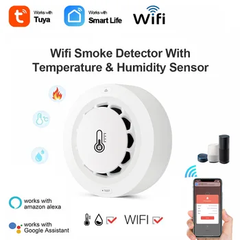 Tuya WiFi Детектор дыма Сигнализация температуры и влажности Защита от обнаружения пожарной сигнализации Система домашней безопасности Пожарные