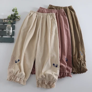 Новые осенние Милые вельветовые брюки с вышивкой, женские повседневные брюки до щиколоток с эластичной резинкой на талии 823-417
