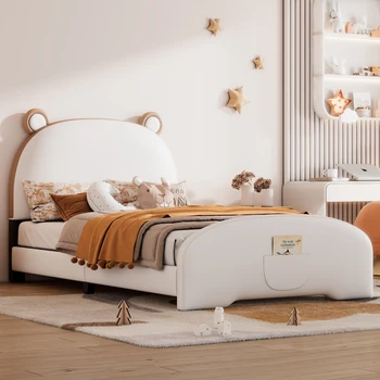 Симпатичная двуспальная кровать, мягкая кровать на платформе с изголовьем и изножьем в форме медведя, забавная детская кровать, подходящая для спальни
